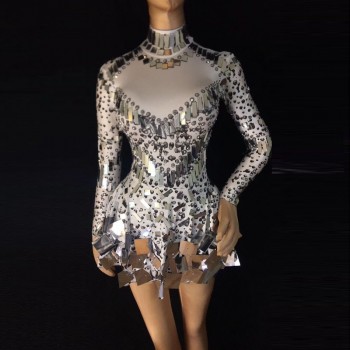 Shining Silver Mirrors Rhinestones Dress Women Singer Dancer Bright Bodysuit Costume One-Piece 